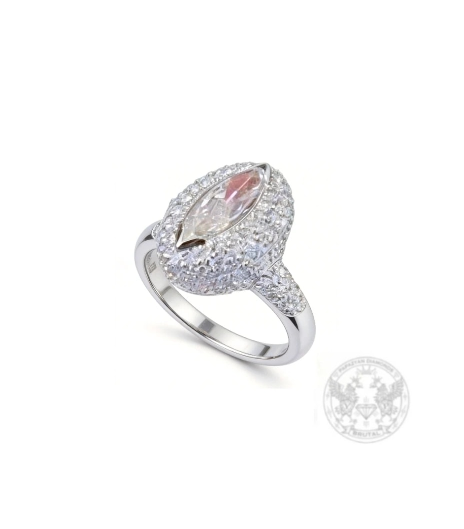 Годежен пръстен с диамант Marquise 0,88 ct и странични брилянти 0,98 ct в злато 585 — CGL сертифициран — снимка 1