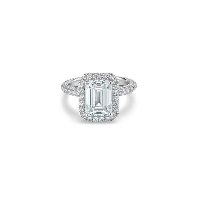 Годежен пръстен с диамант Emerald 3,38 ct и странични брилянти 0,33 ct в бяло злато 750 — GIA сертифициран — снимка 1